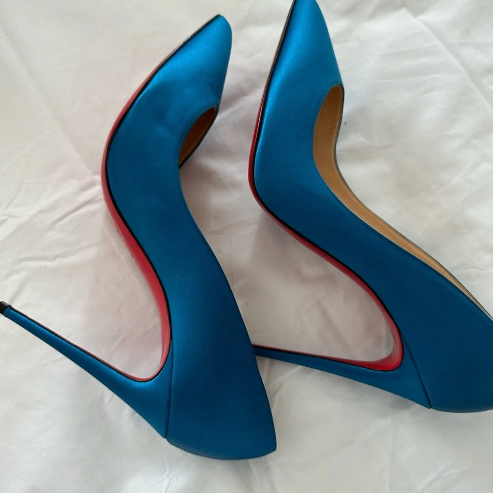 Brand New Christian Louboutin Blue Satin Pigalle Follies Pumps 100 - Picture 2 of 9